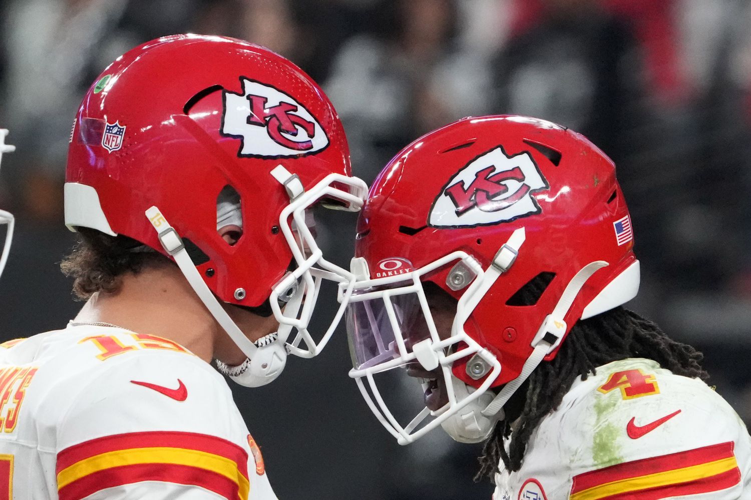 Nov 26, 2023; Paradise, Nevada, USA; Kansas City Chiefs wide receiver Rashee Rice (4) celebrates with quarterback Patrick Mahomes (15) after a touchdown against the Las Vegas Raiders in the second half at Allegiant Stadium. Mandatory Credit: Kirby Lee-USA TODAY Sports  